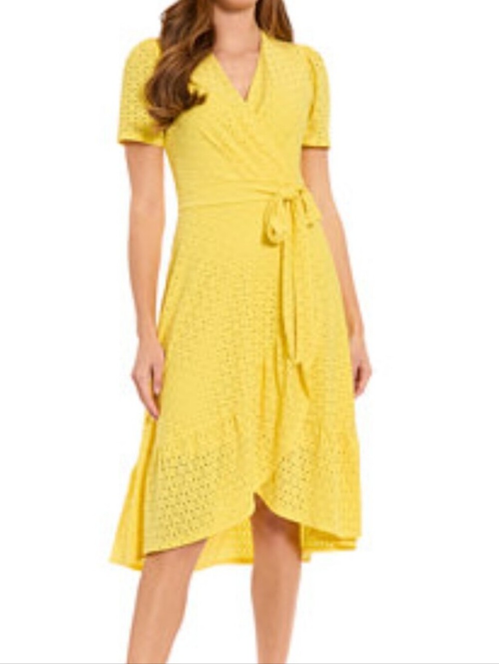 London Style Collection Yellow Eyelet V-Neck Dress, Short Sleeves Size 10 New